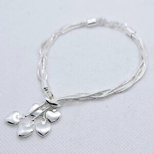 Sterling Silver 925 Multi Strand Bracelet w/ Heart Charms